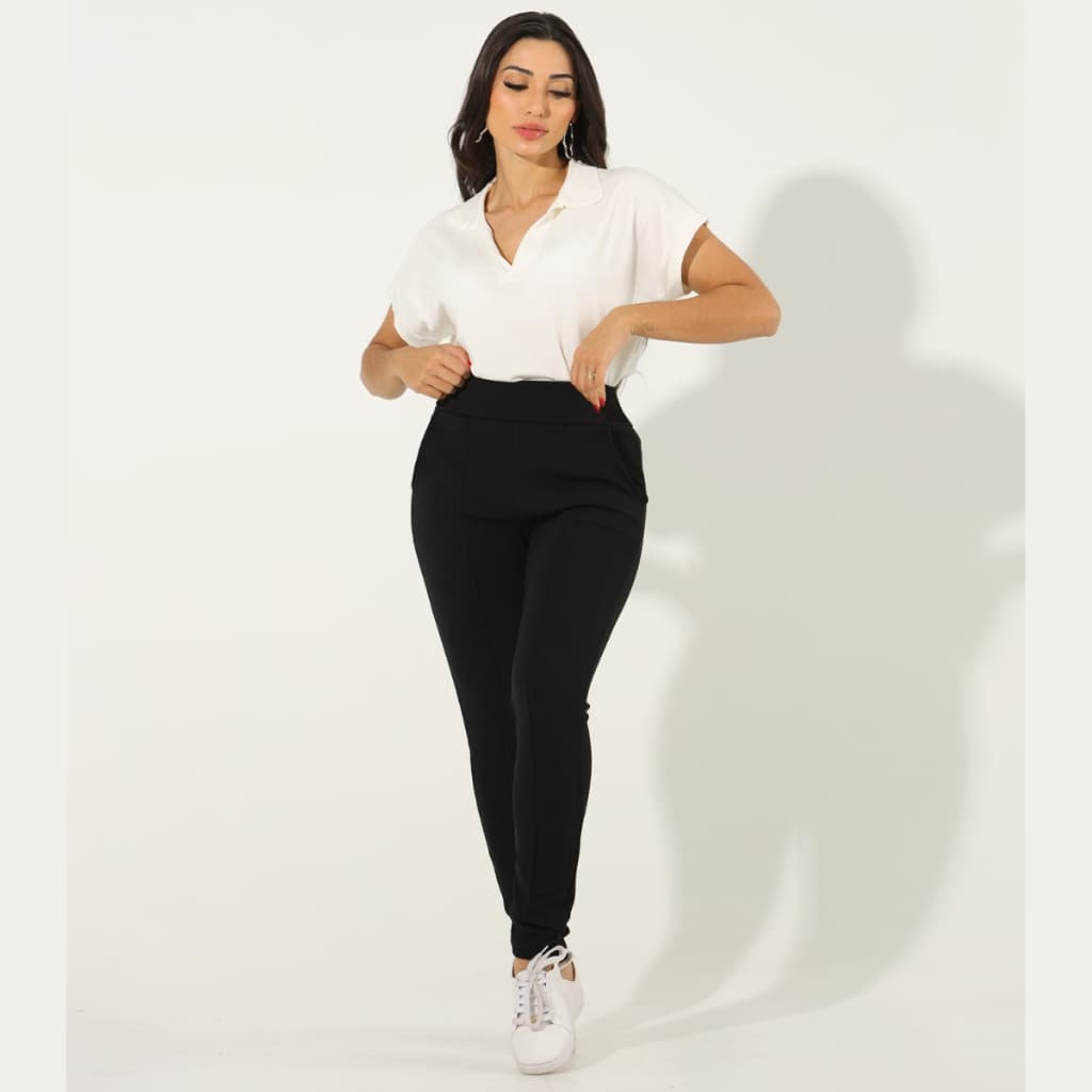 Calça Social Malha Crepe Cintura Alta Feminina Bolso Skinny