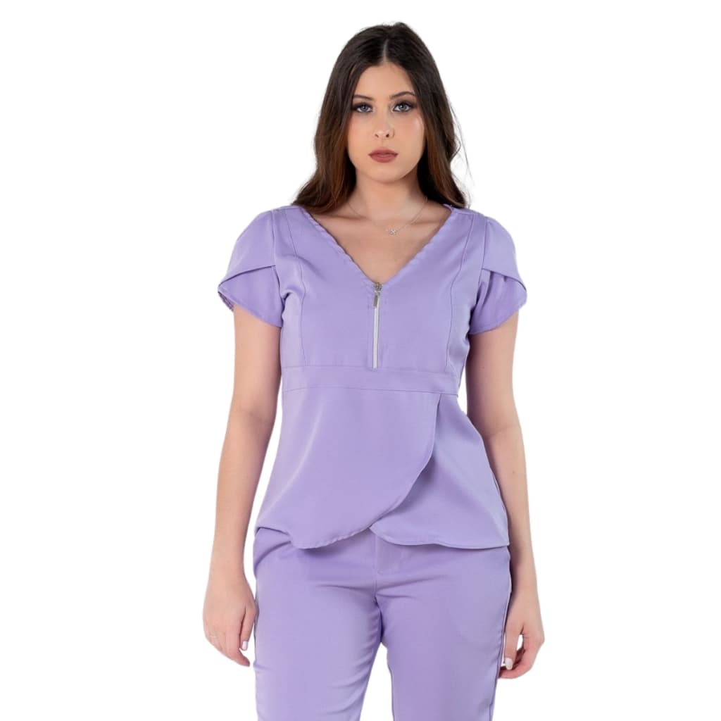 Blusa Scrub Transpassada Decote Em V Uniforme Feminino Lilás