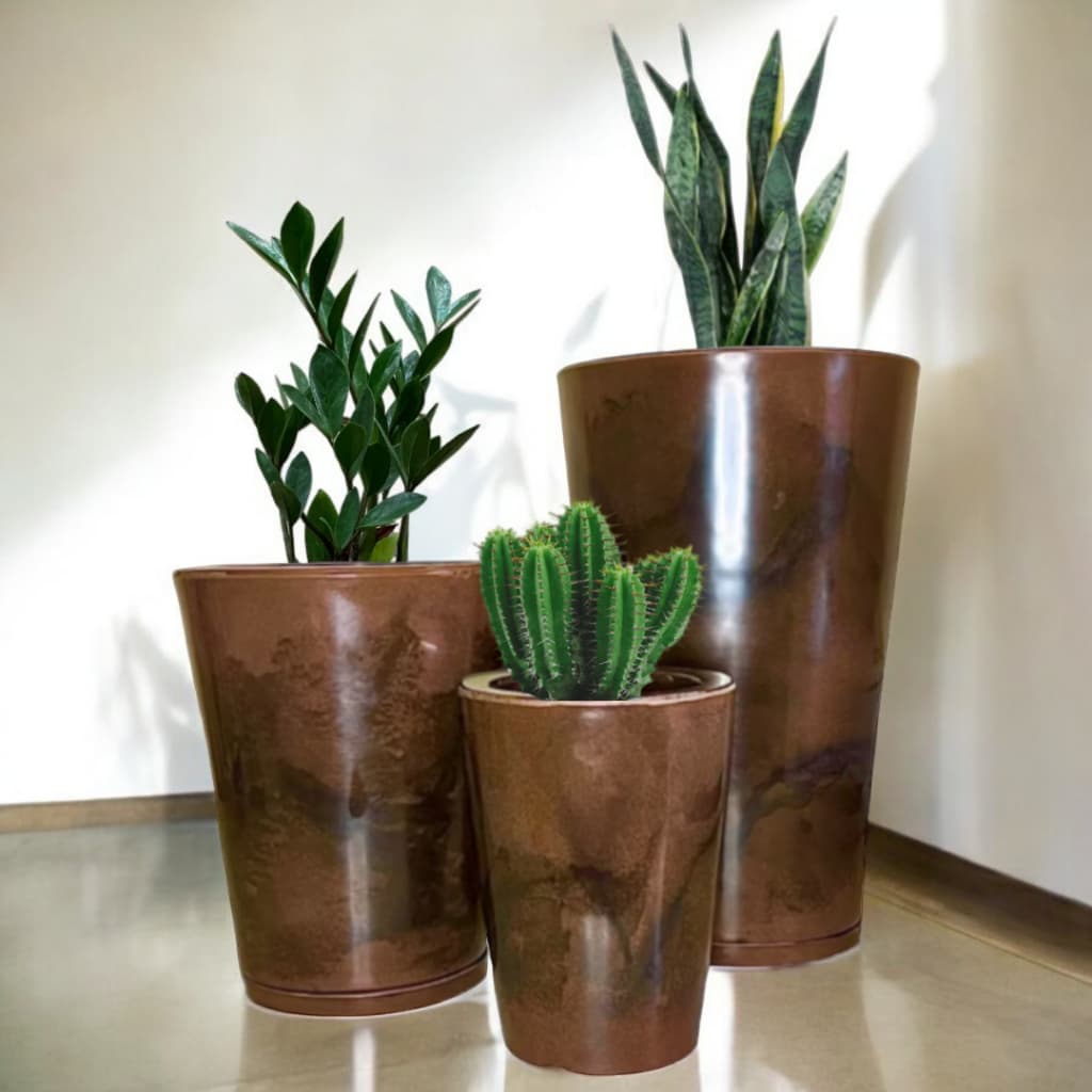kit 3 Vasos coluna  polida Marmorizada  G,M e P Premium Luxo Jardim Sala com prato