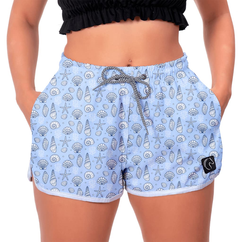 Short Feminino Moda Praia Premium Estilo Casual Soltinho Com Bolsos e Secagem Rápida Conchas Azul