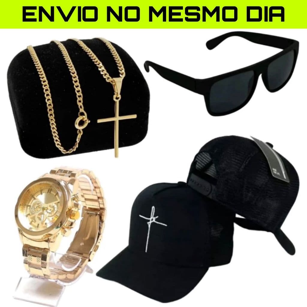 Kit masculino boné fé + corrente cruz + óculos + relógio