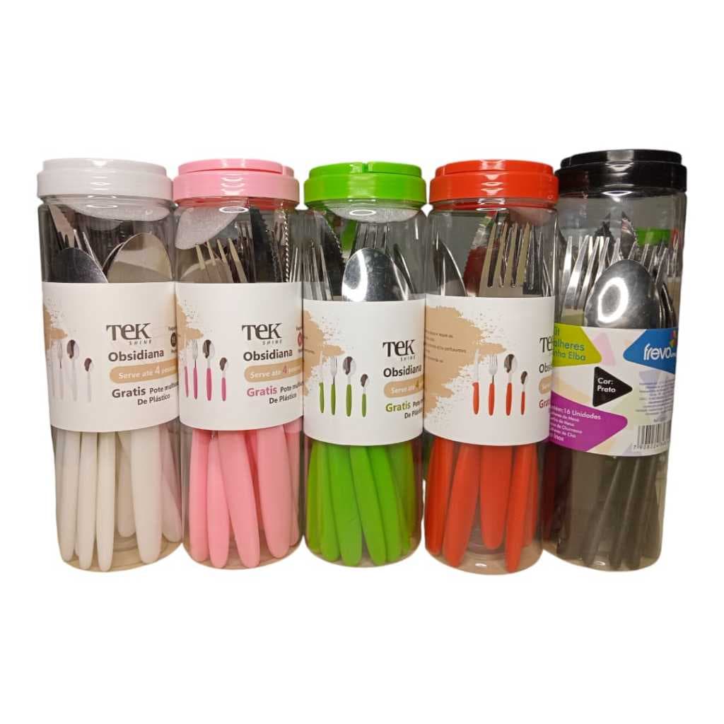 Faqueiro Colorido Conjunto de talheres colorido  com 12, 16 e 25 Peças Aço Inox mais Pote