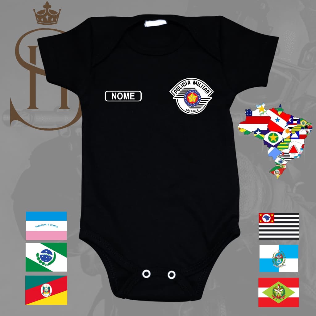 Body Infantil Bebê Brasão Polícia Militar PM Personalizado com Nome