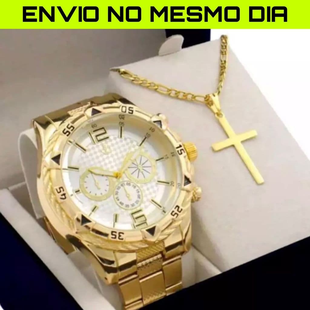 Kit Relogio Masculino + Corrente Cruz Banhado a Ouro + Pulseira Banhada