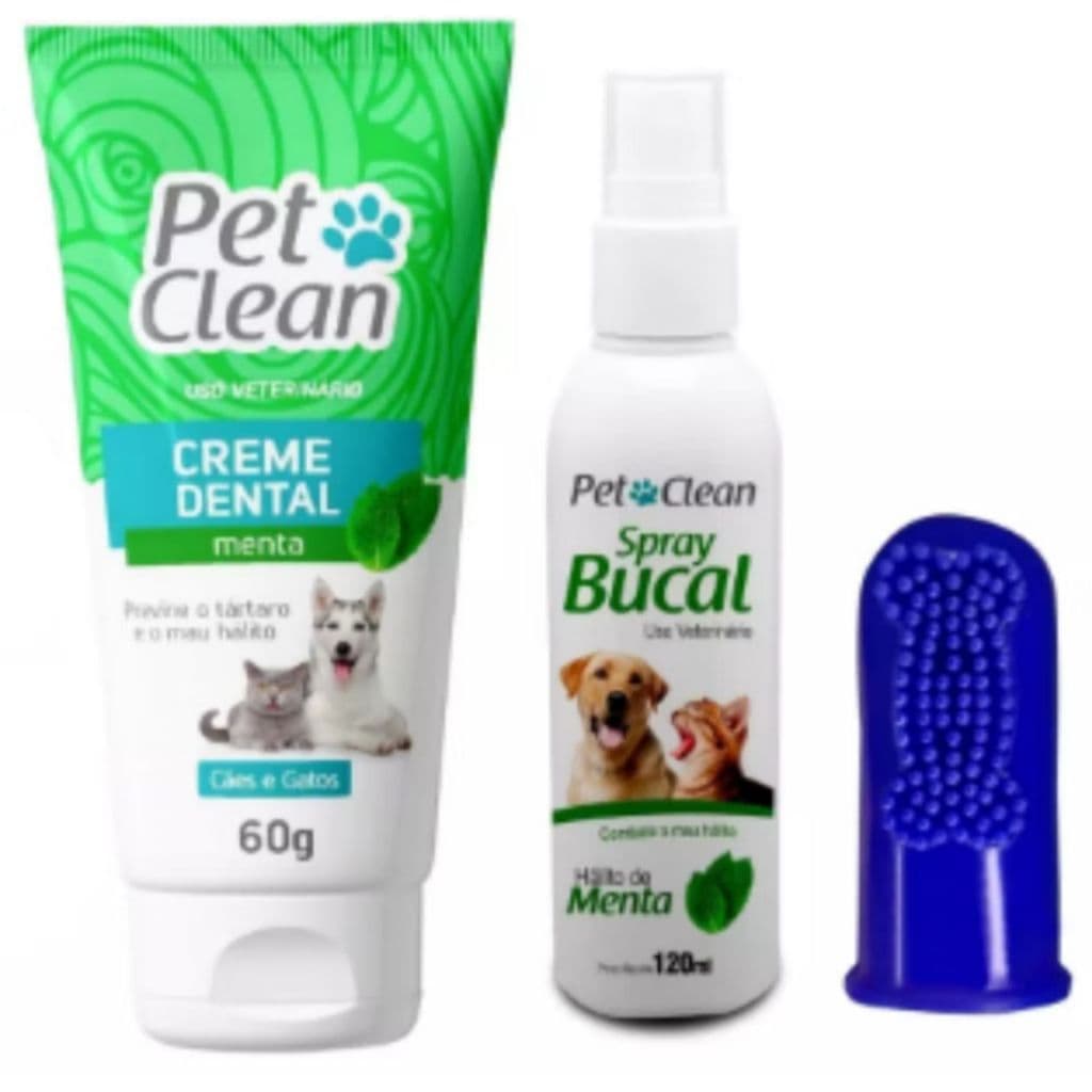 Kit Creme Dental + Spray Bucal + Dedal Borracha Para Cães e Gatos - Pet Clean