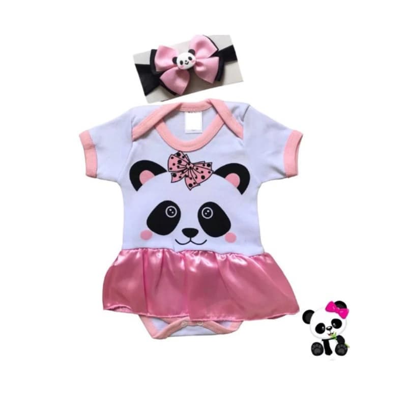 Body Temático Panda + Laço Menina Infantil