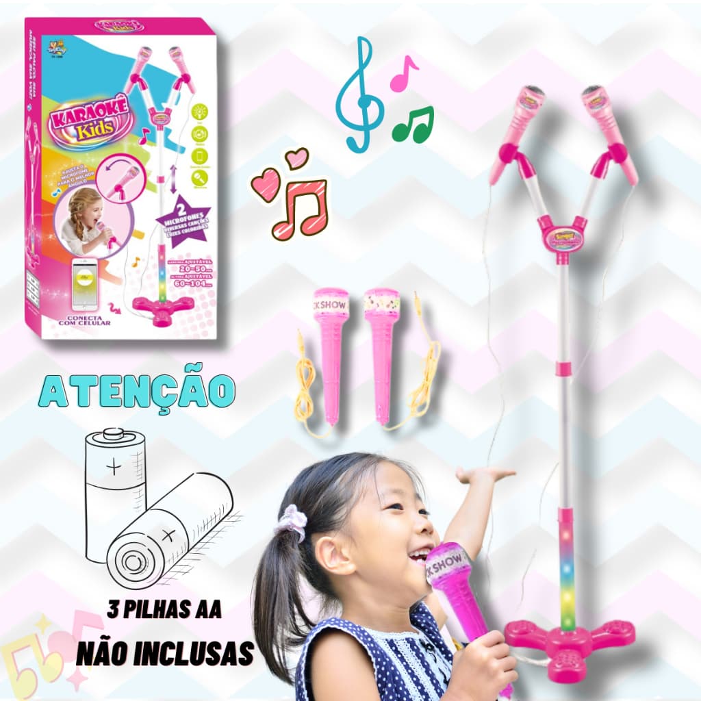 Microfone Infantil Premium Karaokê Pedestal Duplo Brinquedo Som Luzes Conecta Celular Presente Natal
