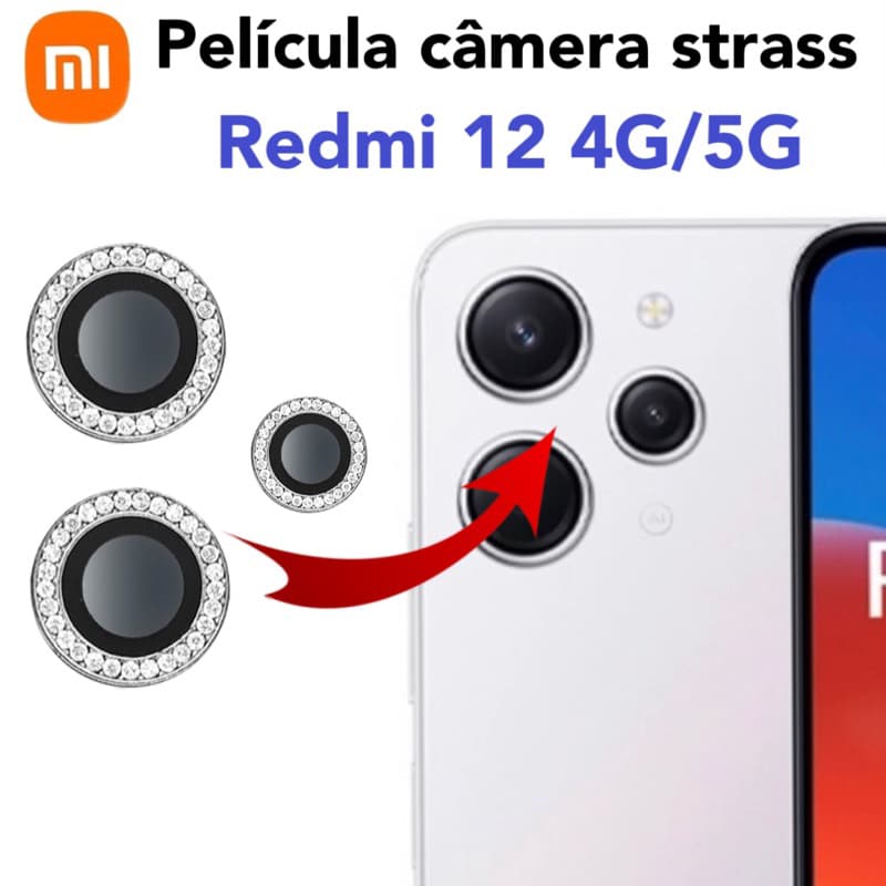 KIT (3 peças)Película câmera Diamante Para Xiaomi Redmi 12 4G/5G Película protege lentes de celular com Strass Brilho