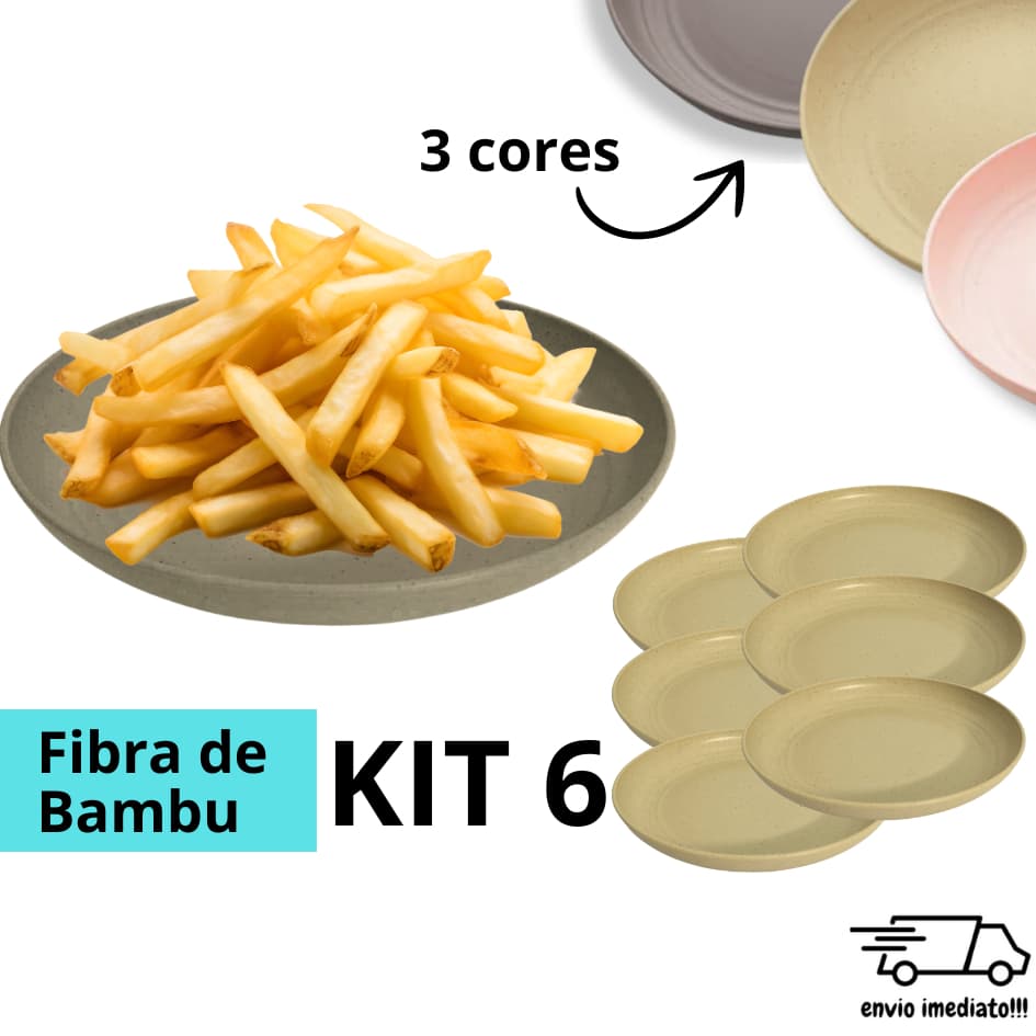 KIT 6 Pratos Ecologico Medio Fibra de Bambu Comida Pratinho Louça Cozinha Mesa Casa