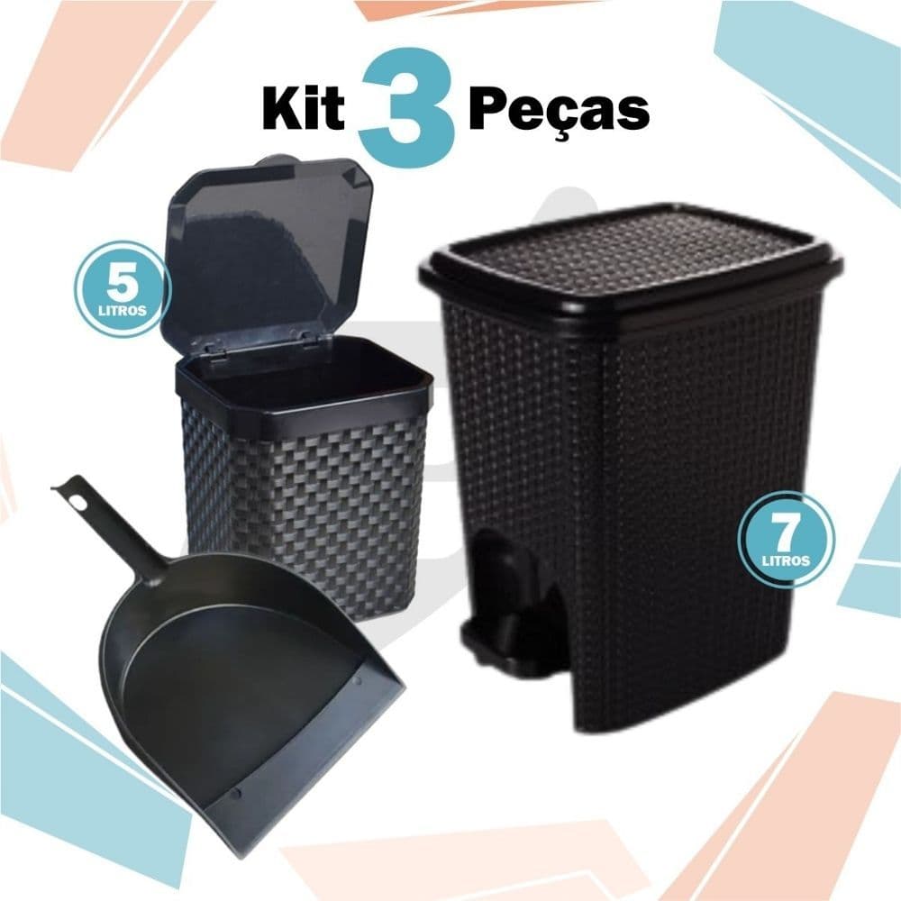 Kit Lixeira 7 Litros + Lixeira Pia 5 Litros + Pá para Lixo Plástico Casa Cozinha Multiuso