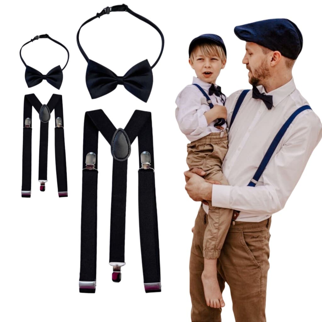 Kit 2 Suspensórios + 2 Gravatas Borboleta Pai e Filho Conjunto Adulto e Infantil