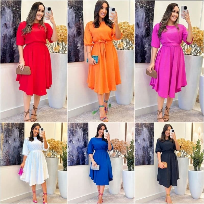 Vestido Feminino Midi Manga 3/4 Princesa Moda Evangélica Com Faixa Cinto Tecido Duna Premium