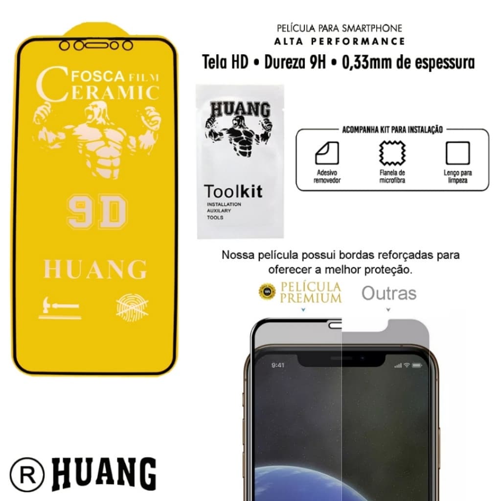 Película Cerâmica Fosca IPhone Flexível 3D/9D iPhone 6 7 8 X XR 11 12 13 14 15 PROMAX