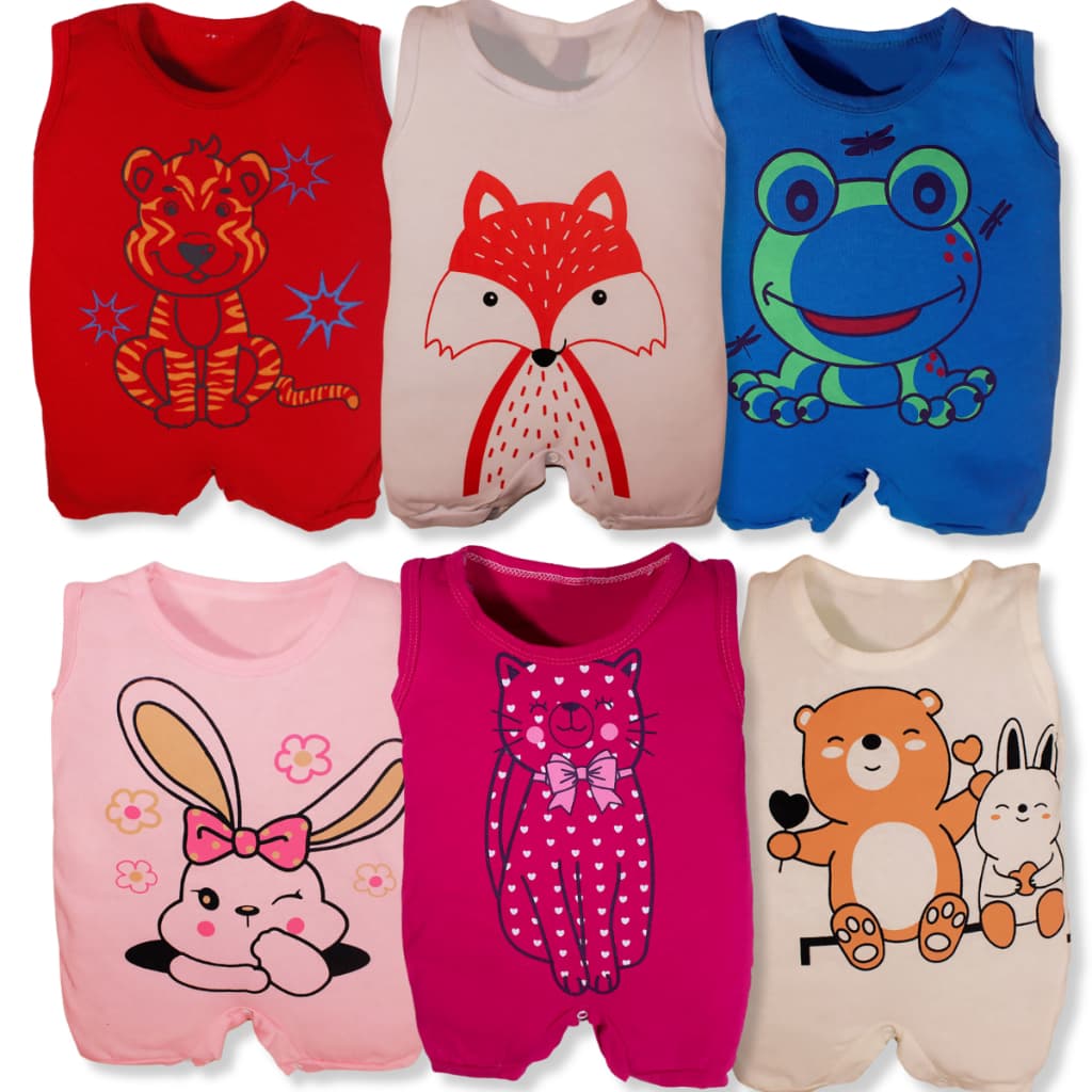 Kit 3 Peças Macacão Curto Frente e Costas Bebe Bichos Menina E Menino