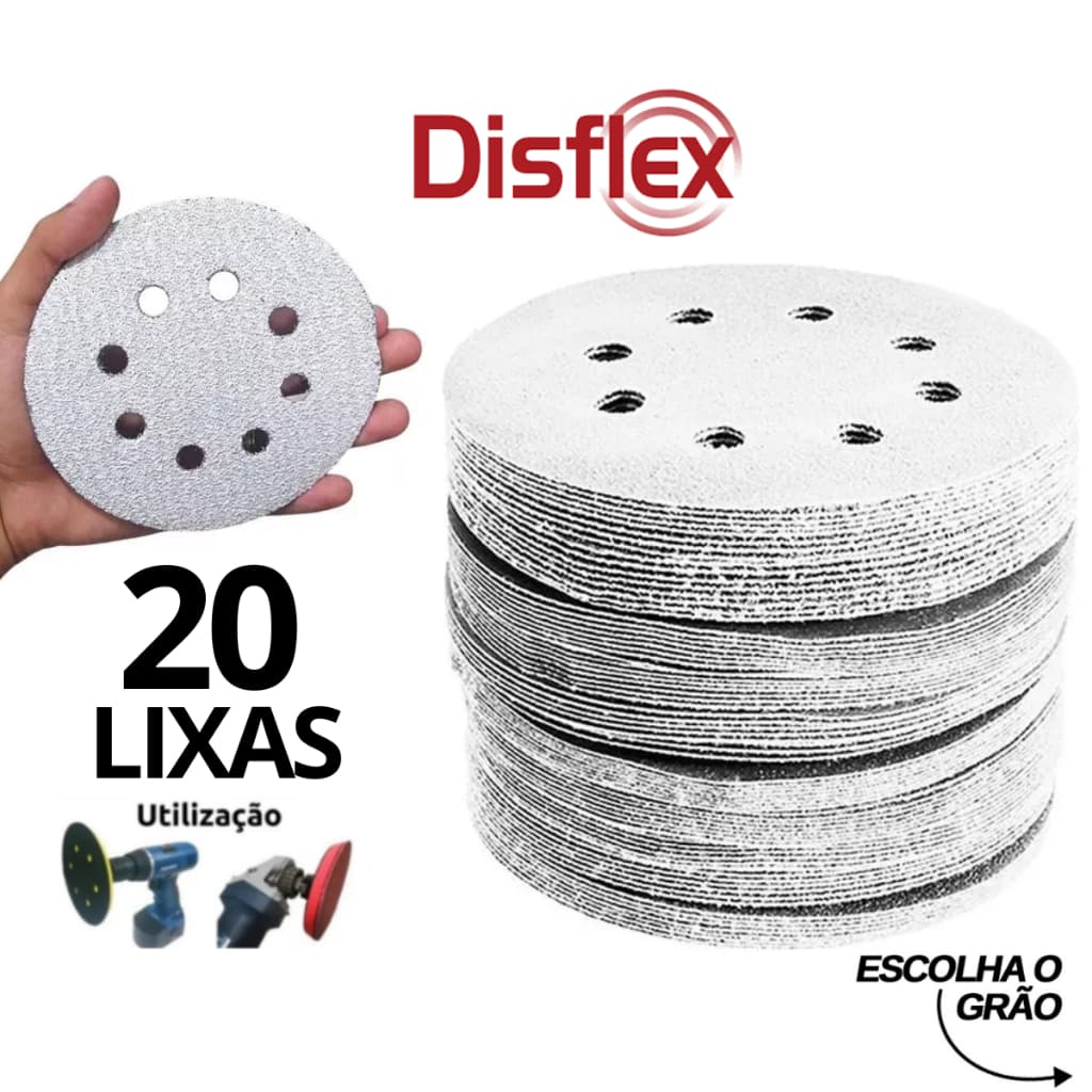 20 Discos De Lixa 125mm Velcro Pluma Branco 8 Furos 5 Polegadas Anti Empastamento Disflex