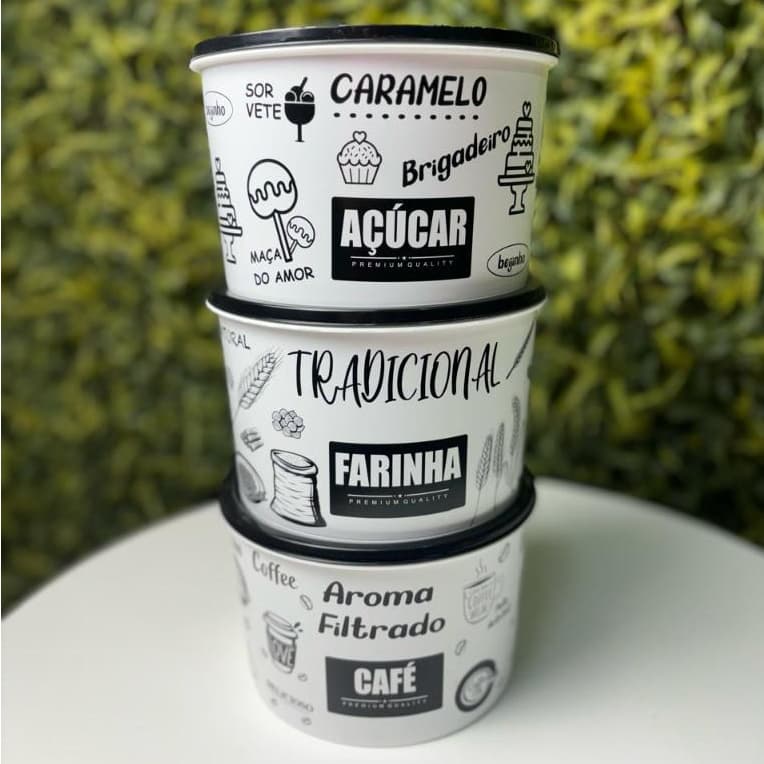 Kit 3 Potes Mantimento Preto Branco Arroz Farinha Açucar 2 Litros Porta Condimento Organizador