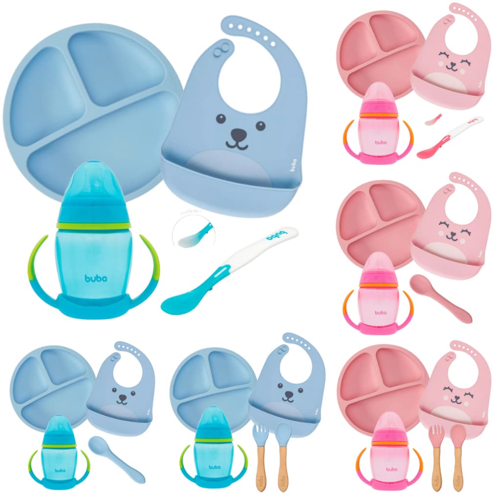 Kit Introdução Alimentar Buba Prato em Silicone Divisórias Ventosas Babador Copo Alça Colheres Termossensíveis Silicone