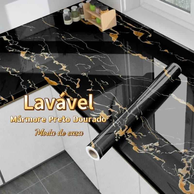 papel de parede Adesivos Brilante Lavável Mármore Preto Dourado 4.5 Metro x 60cm Resistente a Agua/Óleo material lavável