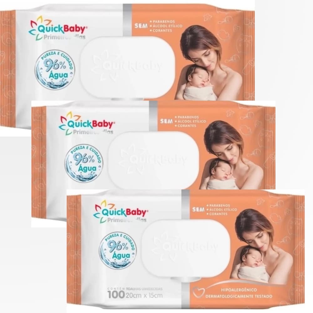 Kit 3 Lenço Umedecido Quick Baby RN - 300 Unid Recém-Nascido