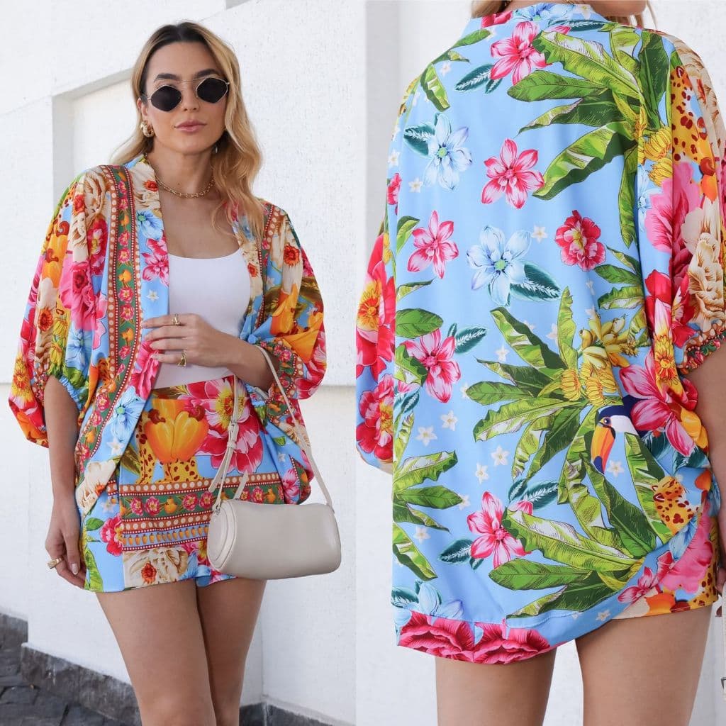 Conjunto 2 pc  feminino ( kimono + short saia )   ,estampa- flores, folhas, pássaros. . tecido crepinho , único veste 40