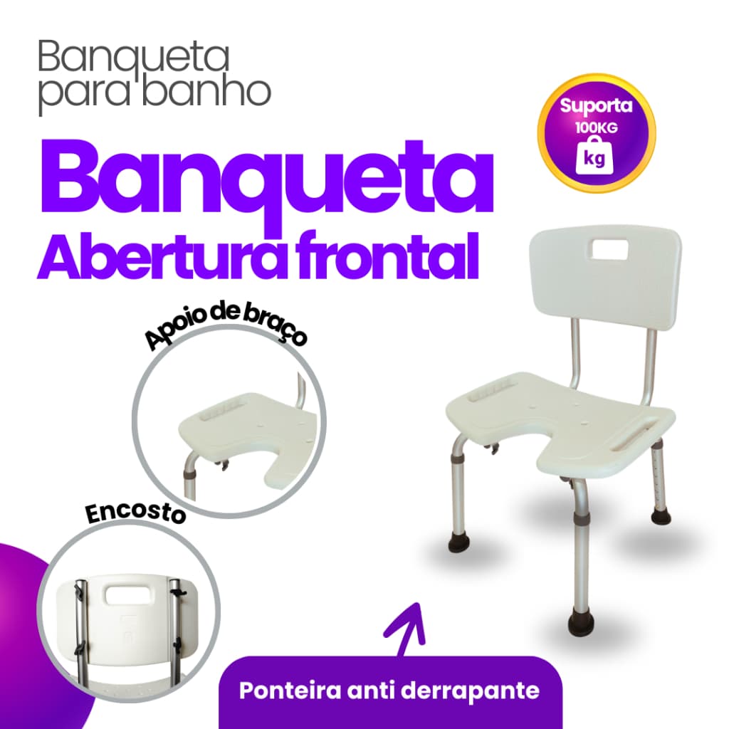 Cadeira Com Encosto Banho Idoso 220kg Ajustável Higiênica Chuveiro Antiderrapante Não Enferruja Leve