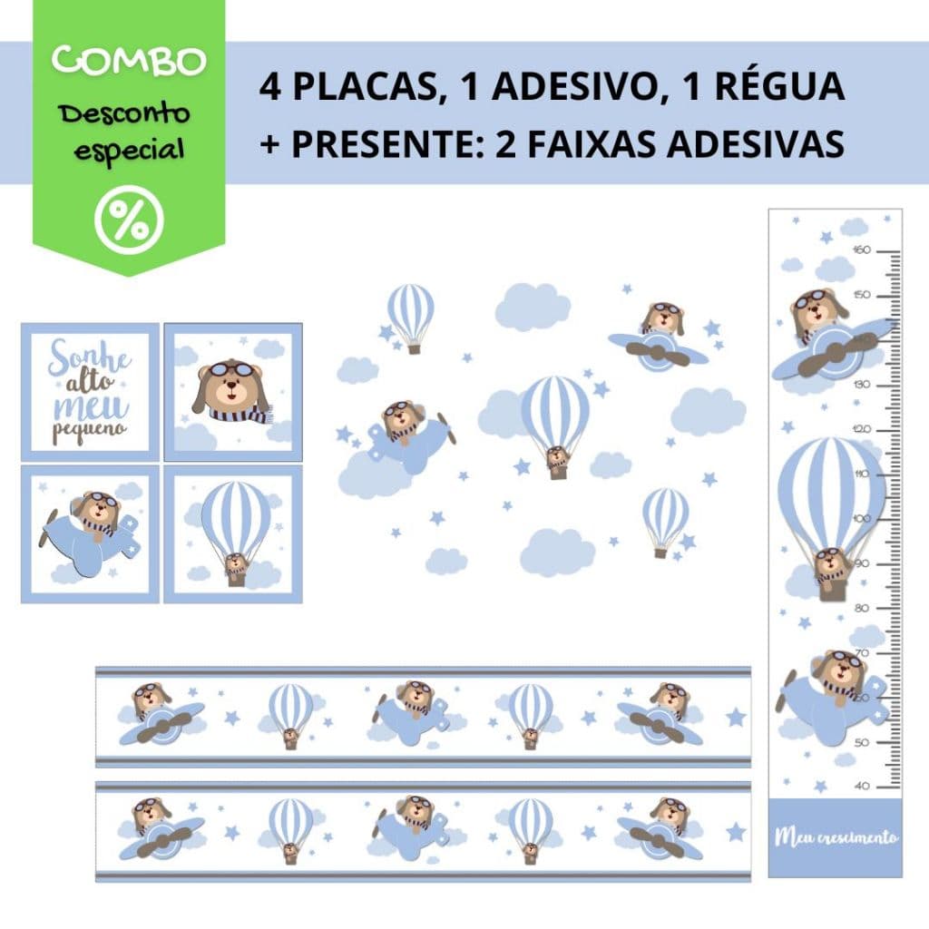 Combo Adesivo Decorativo Urso Aviador Azul