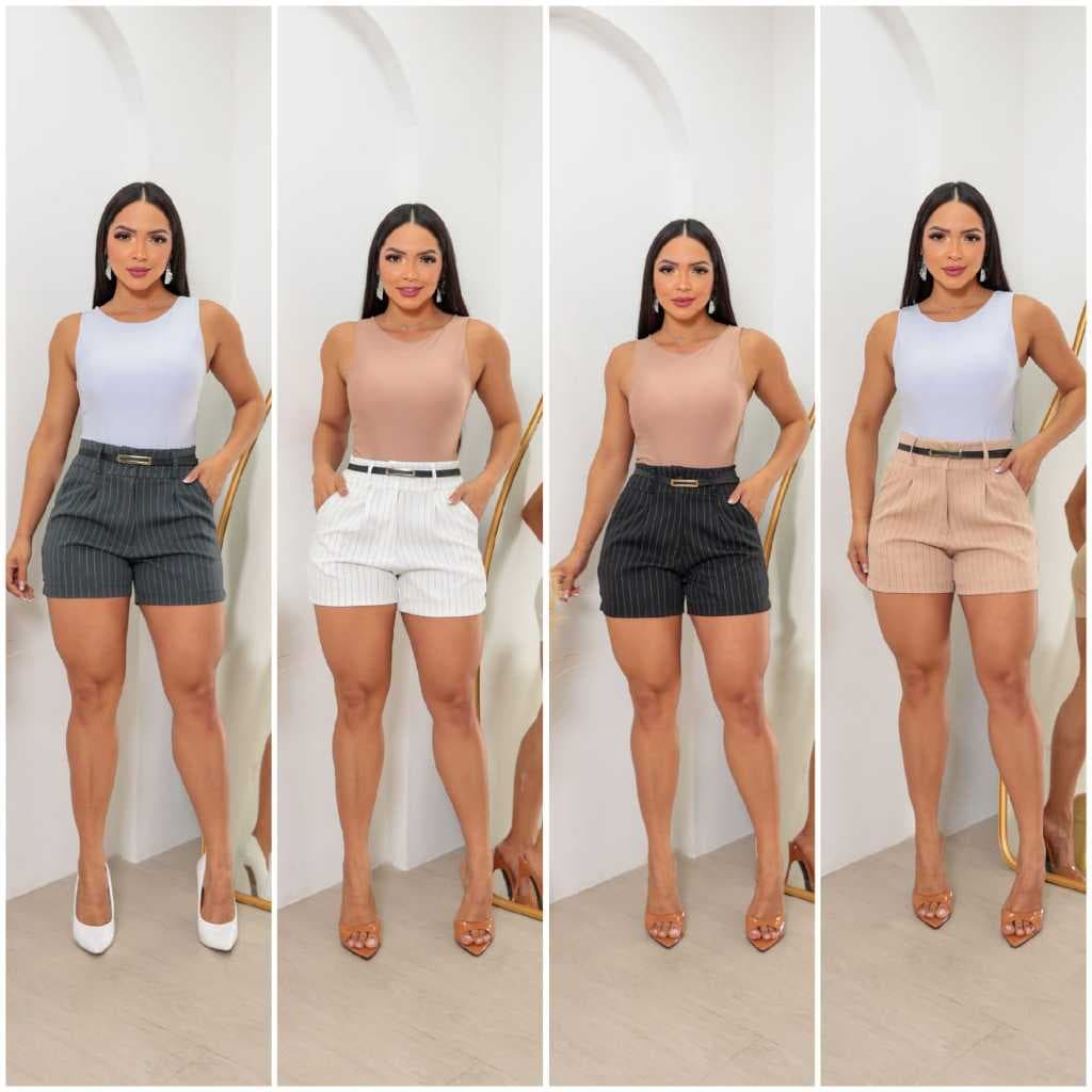 short alfaiataria feminino risca de giz com cinto