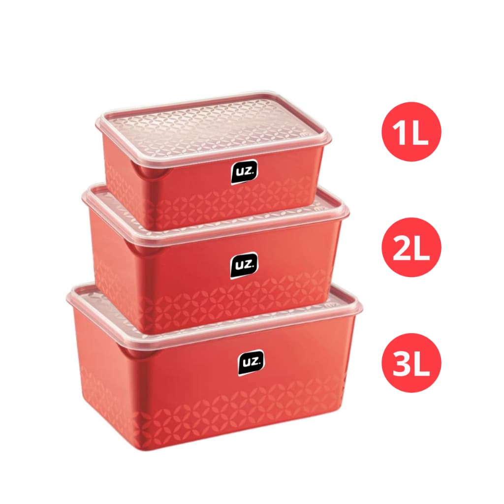 Jogo De Potes 3 Peças Uz Multiuso 3l, 2l E 1 Litros Bpa Free Cozinha Mantimento e Marmitas - Vermelho