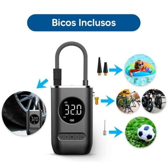 Bomba Ar Portátil Calibrador Encher Pneu Carro Bike Moto Mini Com Lanterna