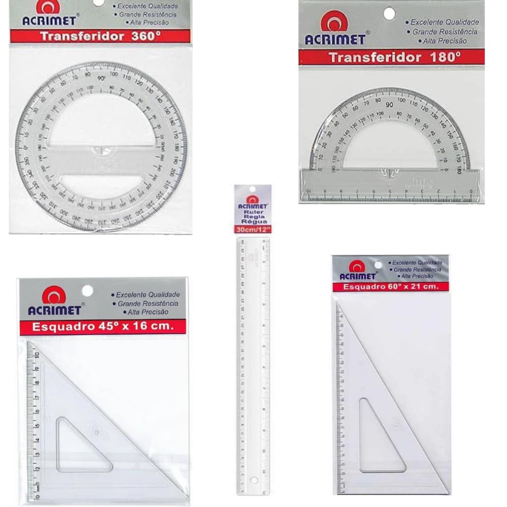 Kit Transferidor Esquadro Régua Para Desenho Escolar e Geometrico 5pç