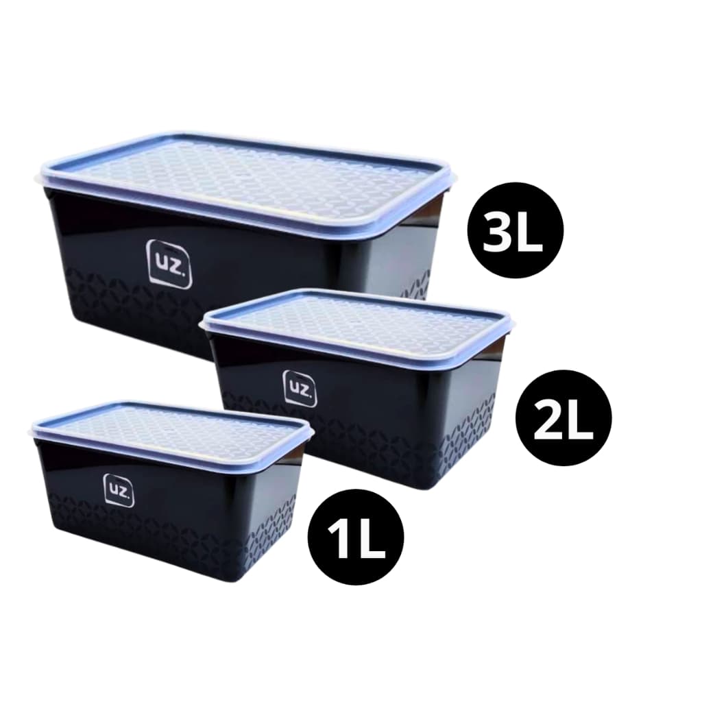 Jogo De Potes 3 Peças Uz Multiuso 3l, 2l E 1 Litros Bpa Free Cozinha Mantimento e Marmitas - Preto