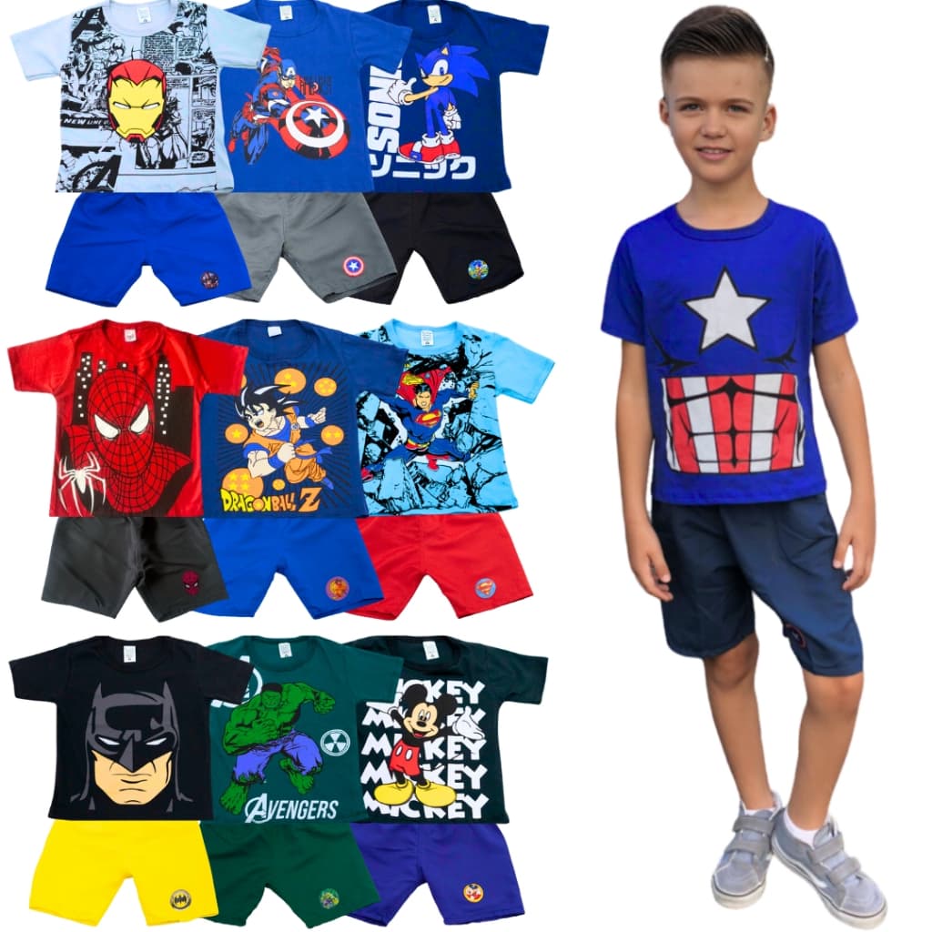 Kit Sortido 5 Conjuntos Infantis - 10 Peças De Roupa Infantil Menino 5 Camisetas e 5 Bermudas