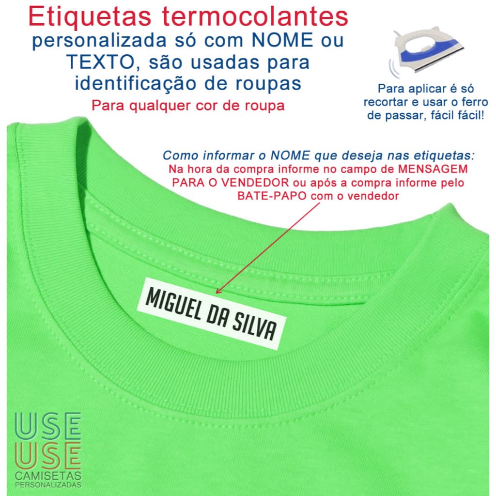 KIT com 100 Etiquetas Termocolantes de 4,7 x 1,1 CM personalizada com NOME para IDENTIFICAÇÃO de Roupas Uniformes Asilo