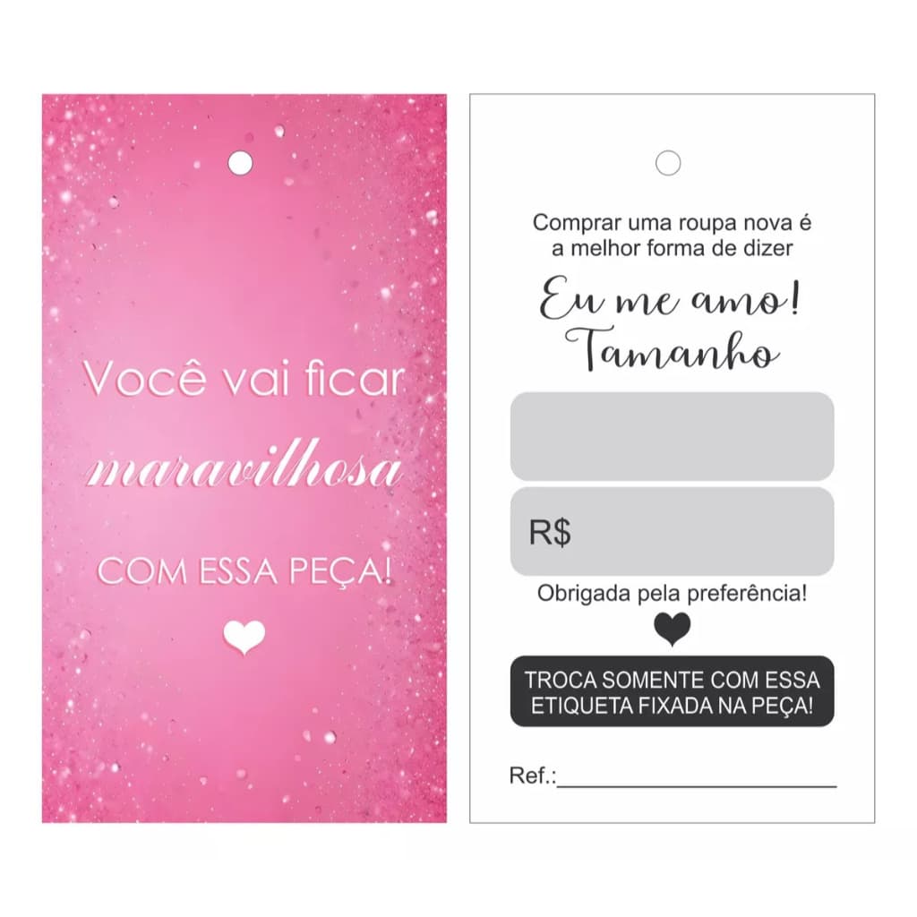 100 Tags Etiquetas para Roupas - Couché 250g - 4x1 - Verniz UV frente - Furo 3mm - Pronta Entrega