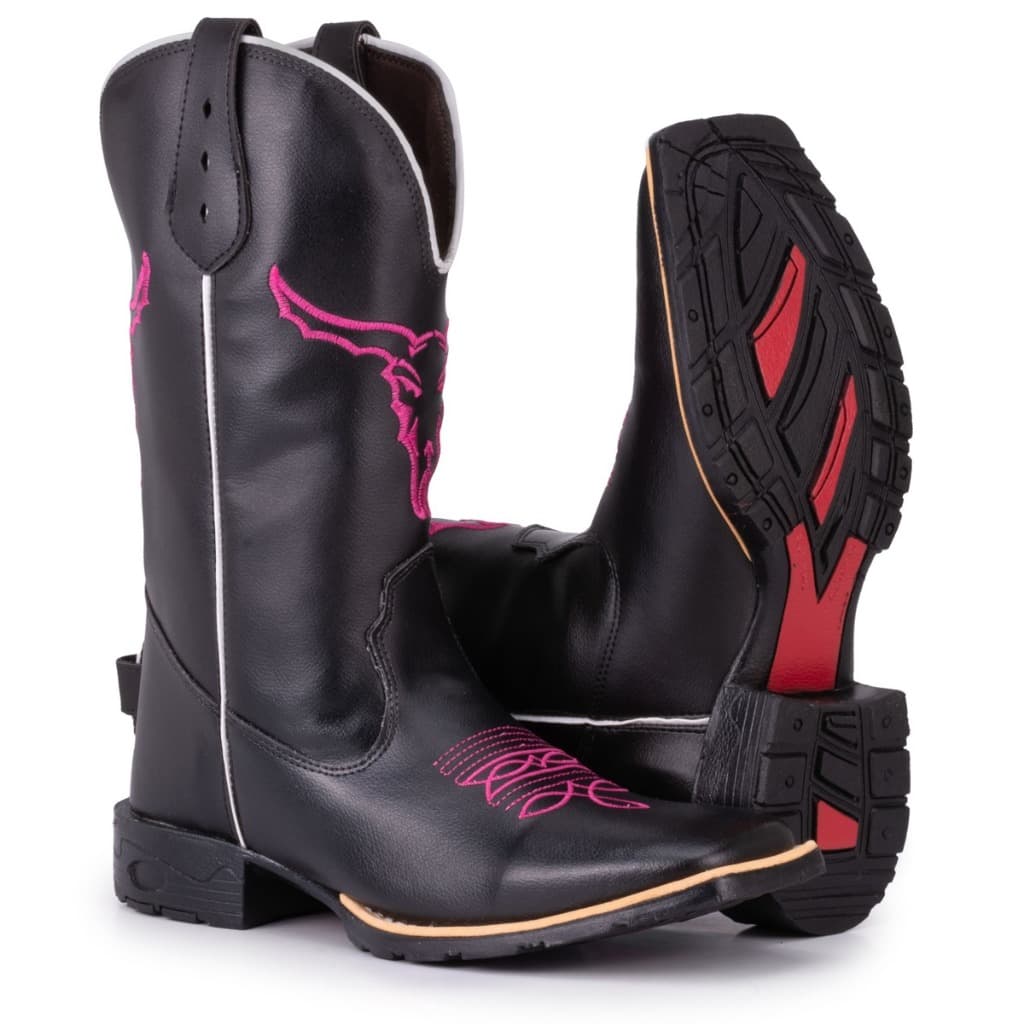 Bota Texana Feminina Country Bico Quadrado Bordado Boi Black Pink