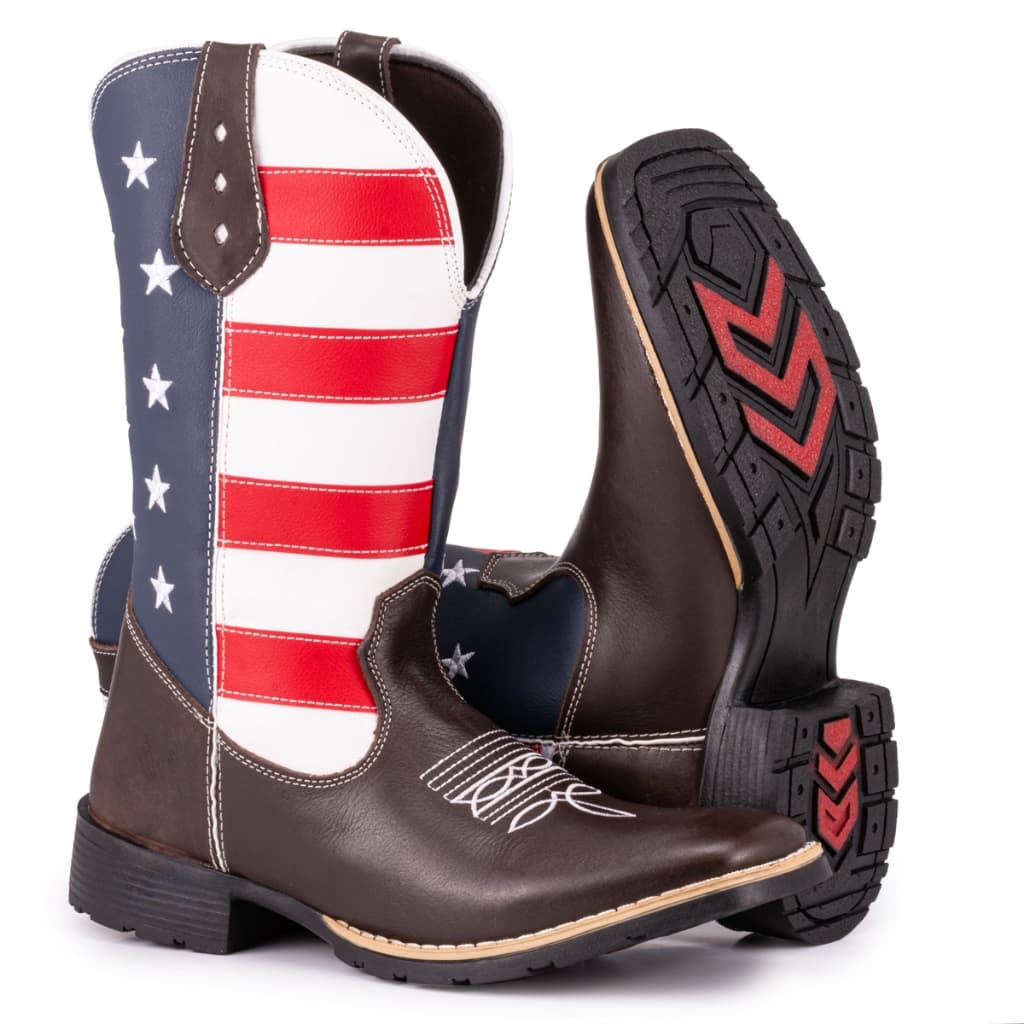 Bota Texana Masculina Country Bico Quadrado Rodeio Botina Bordado Estados Unidos