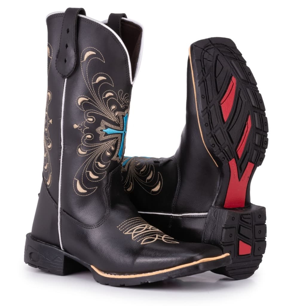 Bota Texana Feminina Country Bico Quadrado Bordado Cruz Normal Azul