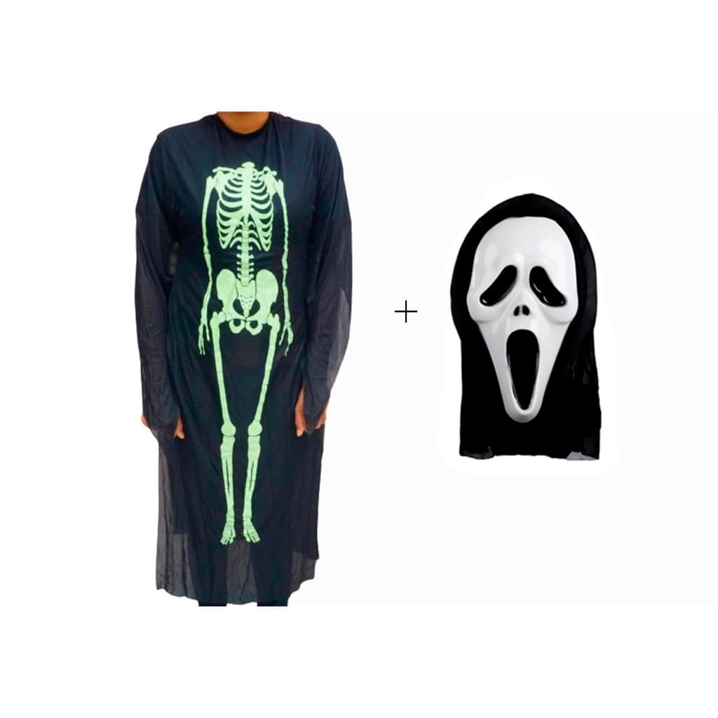 Fantasia Esqueleto Caveira Neon e Máscara do Pânico Halloween Brilha no Escuro