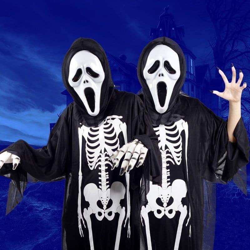 Fantasia Esqueleto Fantasma Caveira com Máscara Pânico Festa Halloween Diversos Tamanhos