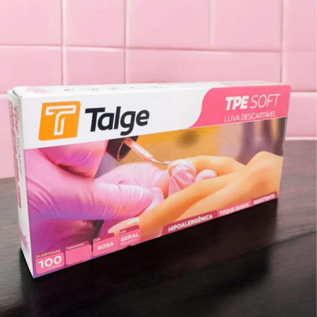 100 Luvas Descartáveis Rosa Talge Sem Pó Termoplástica TPE