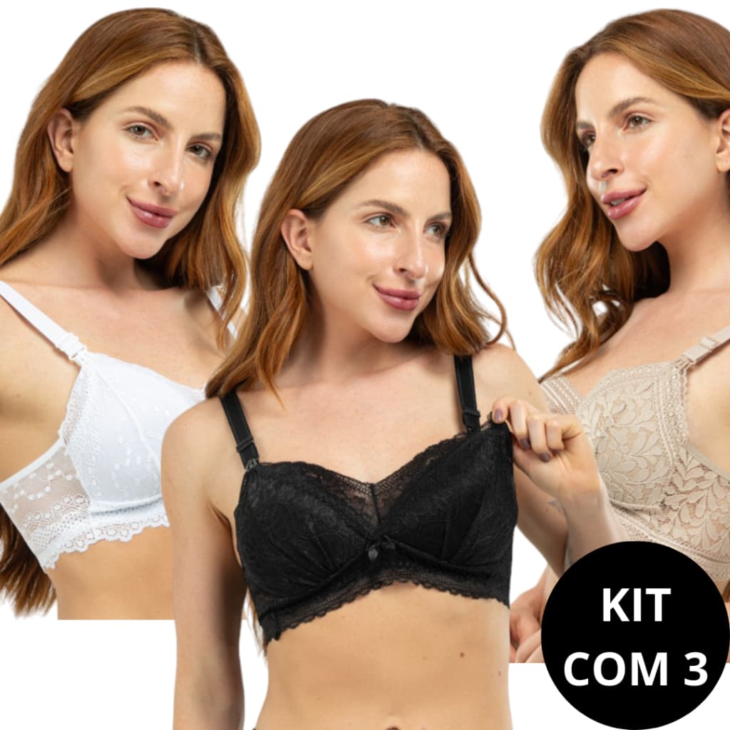 Kit 3 Sutiã Amamentação Em Renda Com Bojo Soft Que Não Amassa Para Amamentar Reforçado Pós Parto Gestante Maternidade