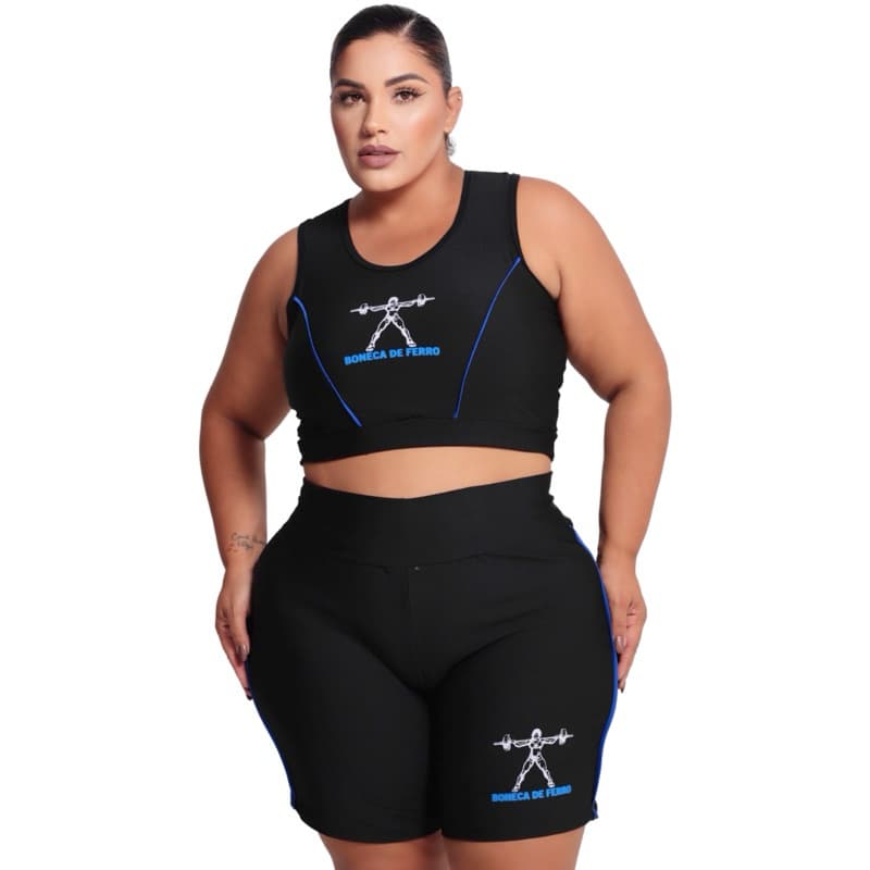 Conjunto Fitness Plus Size Suplex Premium Top e Short Ciclista Feminino Curves