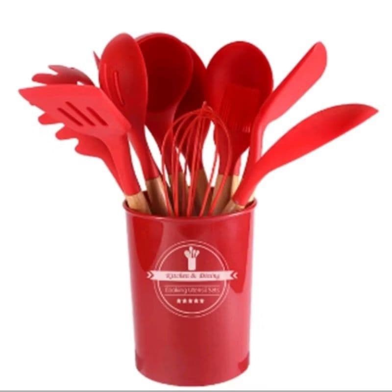 Kit utensílios colheres silicone Madeira 12 Peças
