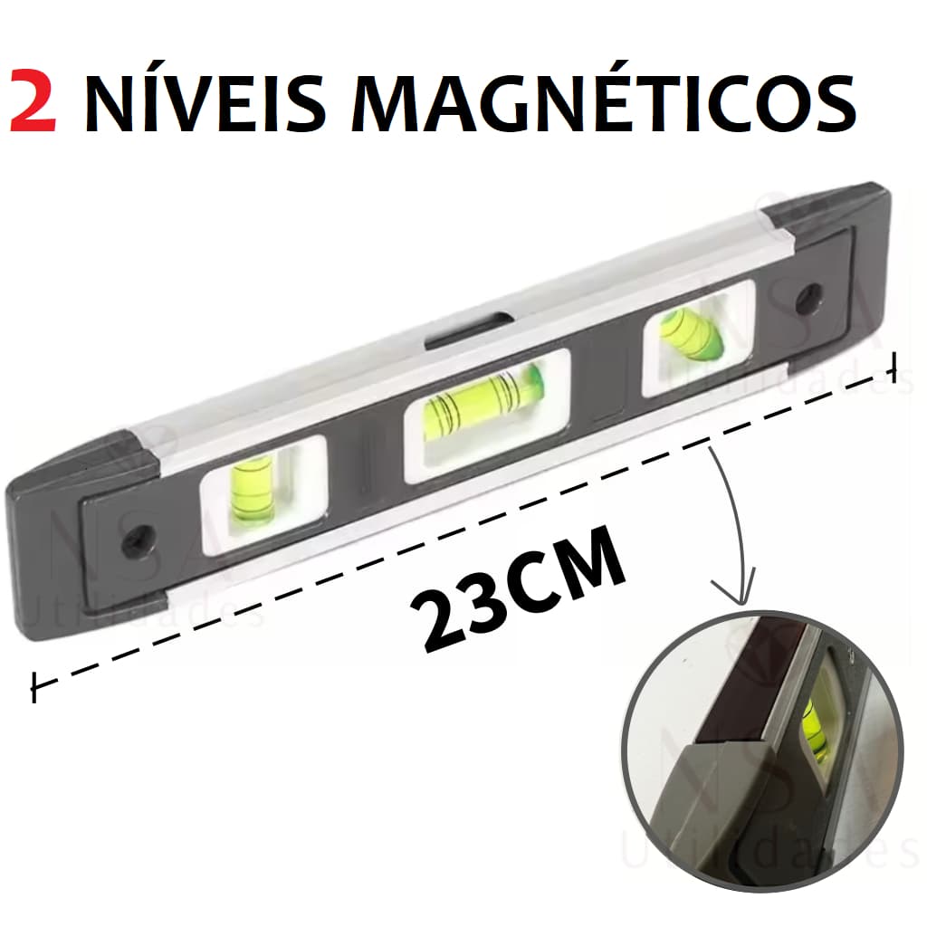 DOIS Níveis Base Magnética 3 Bolhas Tipo Torpedo com imã Nível Moldura em Alumínio