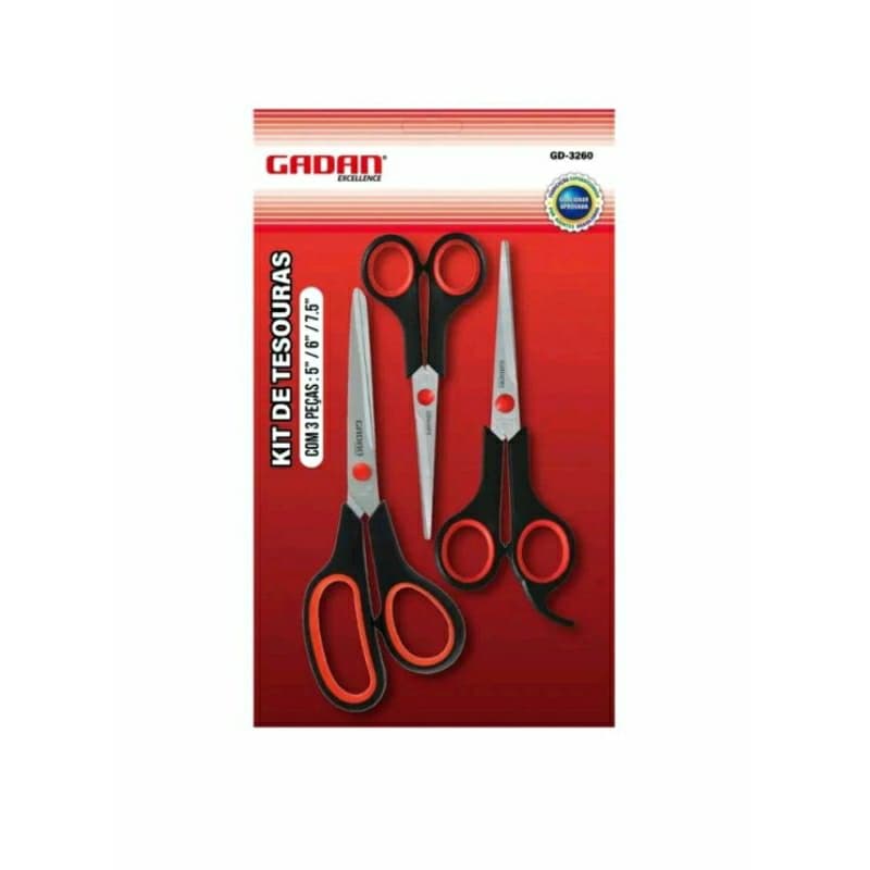 Kit 3 Tesoura Multiuso Aço Inox Papel Tecido Artesanato Cozinha Costura Com Cabos Emborrachados