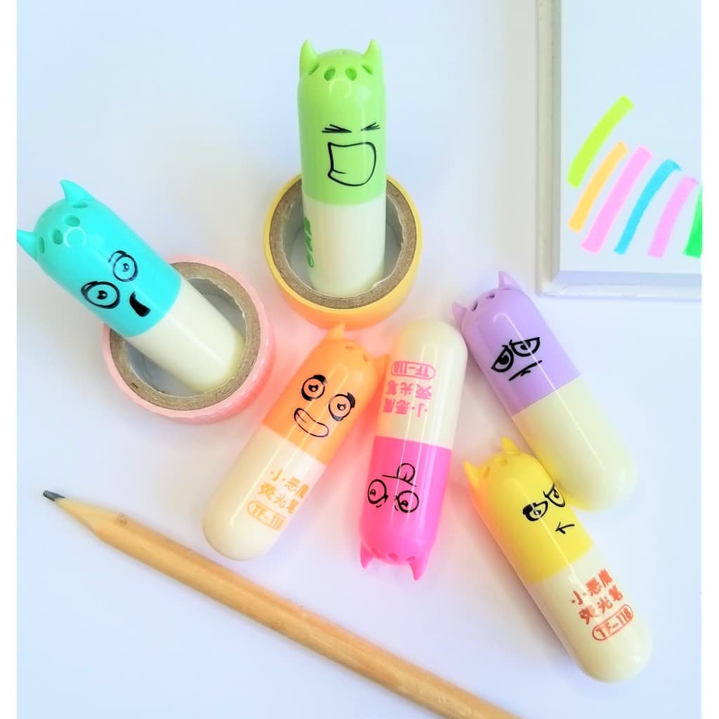 Kit 6 Mini Marca Texto Monstrinhos Expressivos Fofo - Papelaria Criativa Kawaii