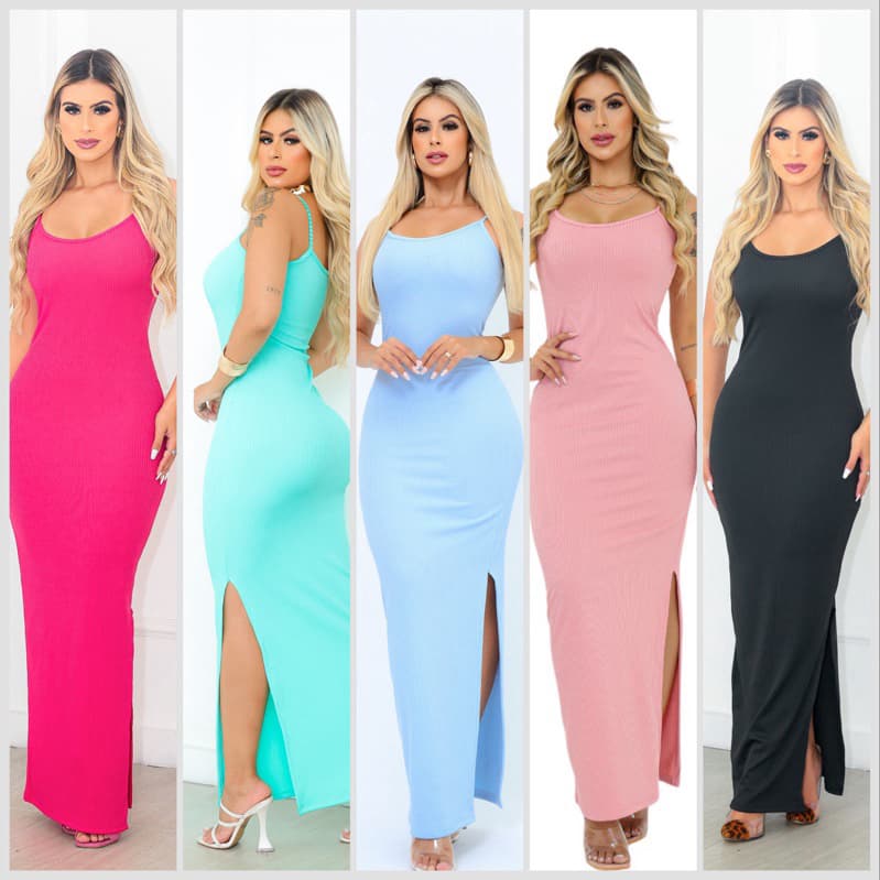 Vestido canelado Alcinha longo colado midi preto pink com fenda