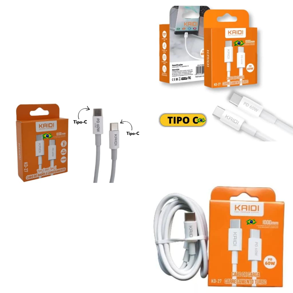 Cabo tipo c tipo c da Kaidi para recarga universal para celulares com fontes de entrada tipo C Kd27