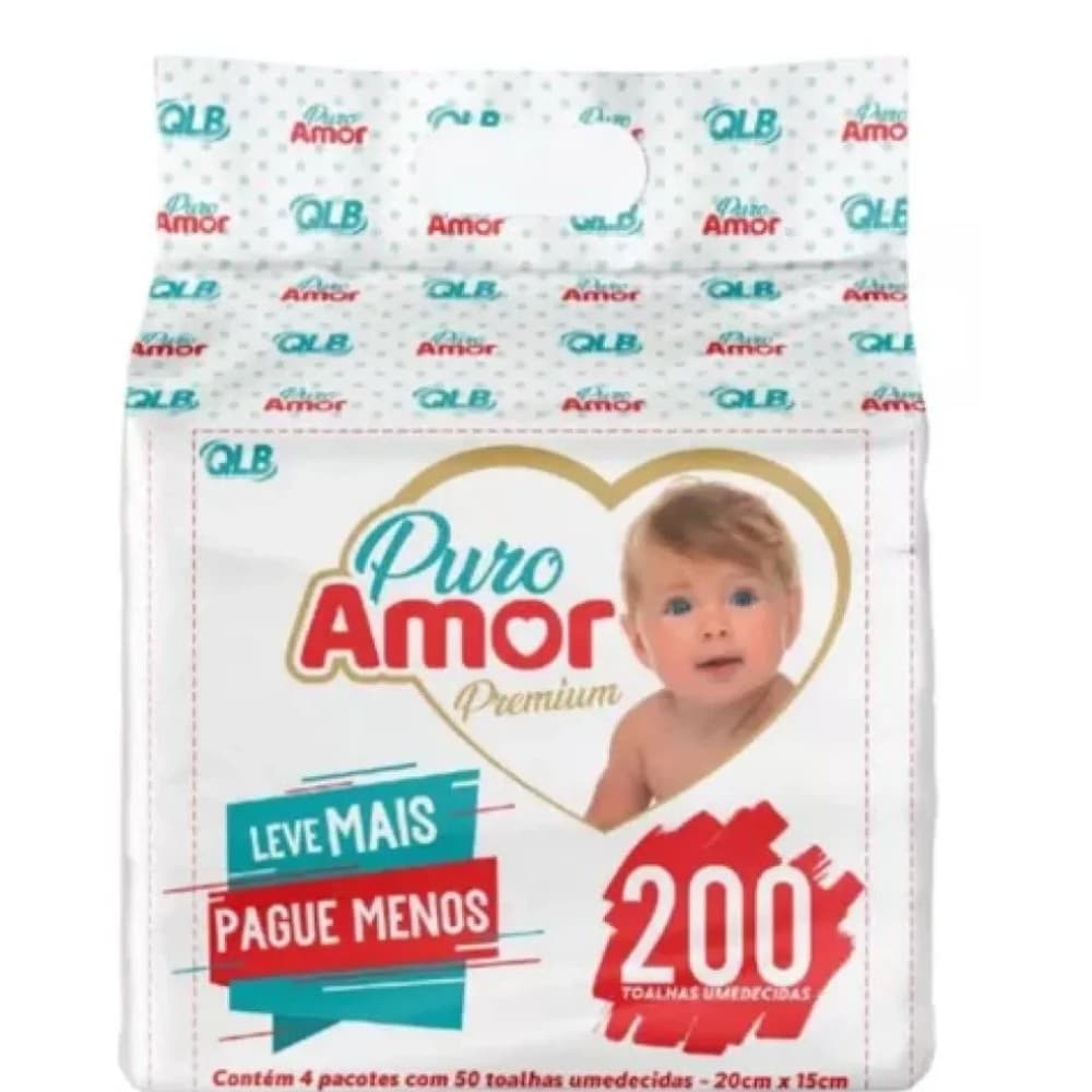 Kit 4 Toalhas Umedecidas Puro Amor Premium - 200 Unidades - 98% Água