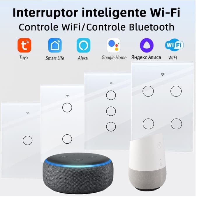 Interruptor Inteligente WiFi Touch 1/2/3/4 Botões Compatível com VOZ Alexa e Google Assistant